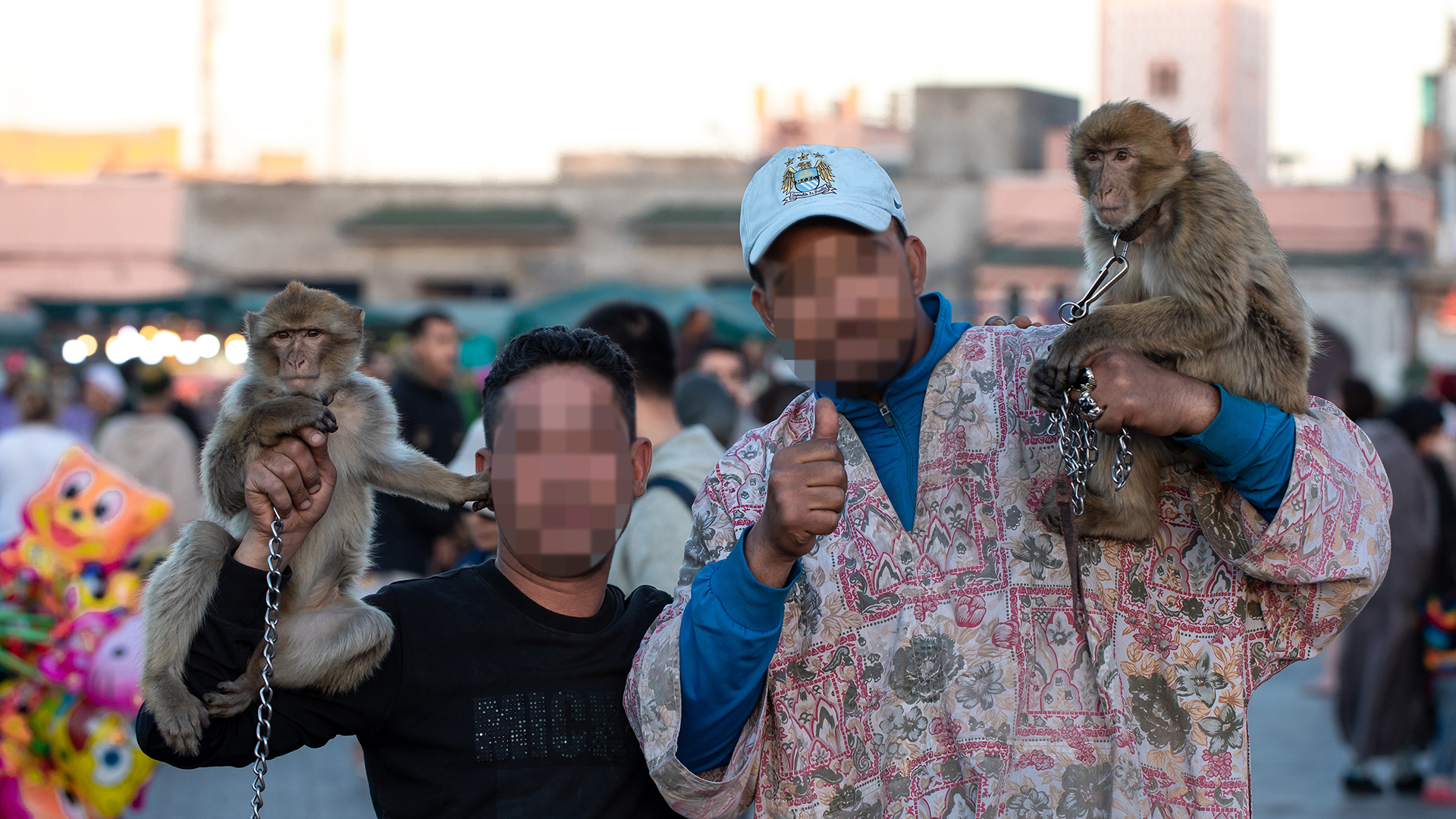 Two men with blurred faces posing with macaques on chains