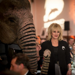 Joanna Lumley with a lifesize elephant puppet at a Born Free event