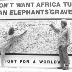 Joanna Lumley and Bill Travers signing an ivory protest board