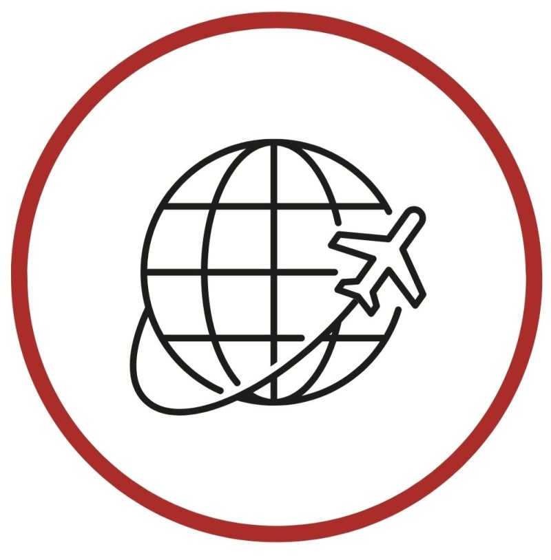 Icon of a globe and a plane in a red circle