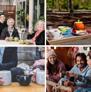 A montage of people enjoying a coffee morning.