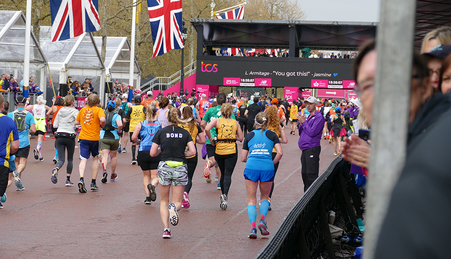 Runners heading towards the finish line of the London Marathon