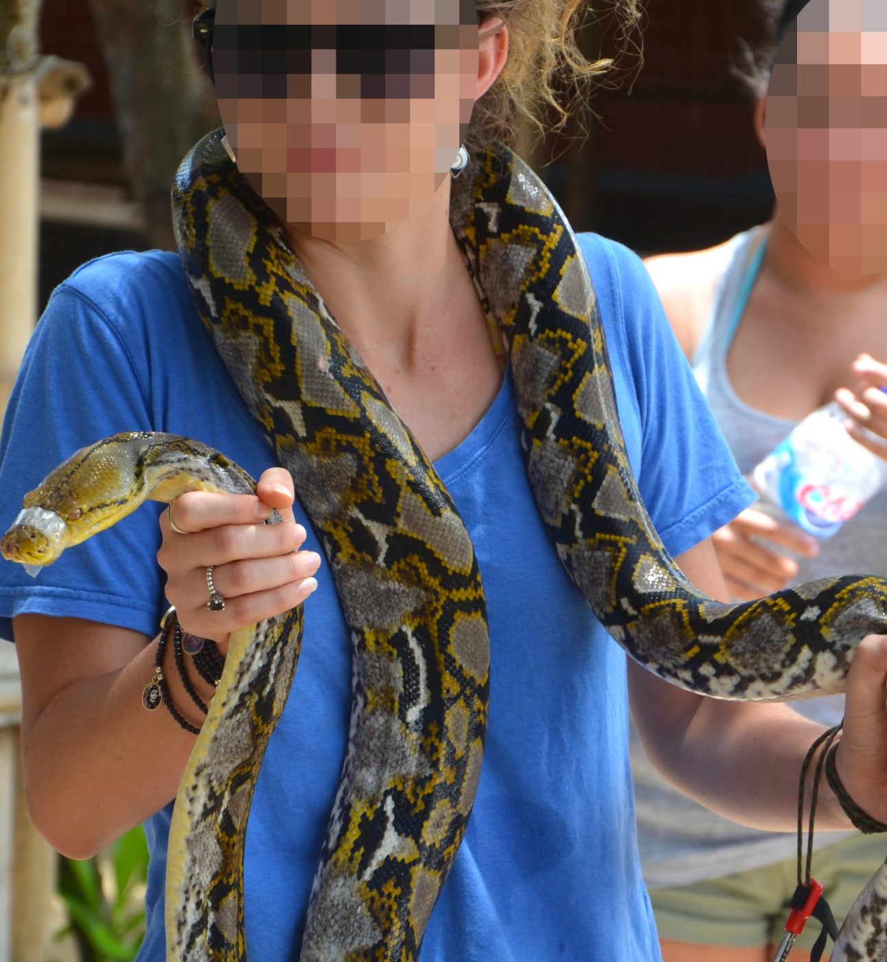 A woman poses with a snake wrapped around her neck