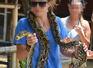 A woman poses with a snake wrapped around her neck