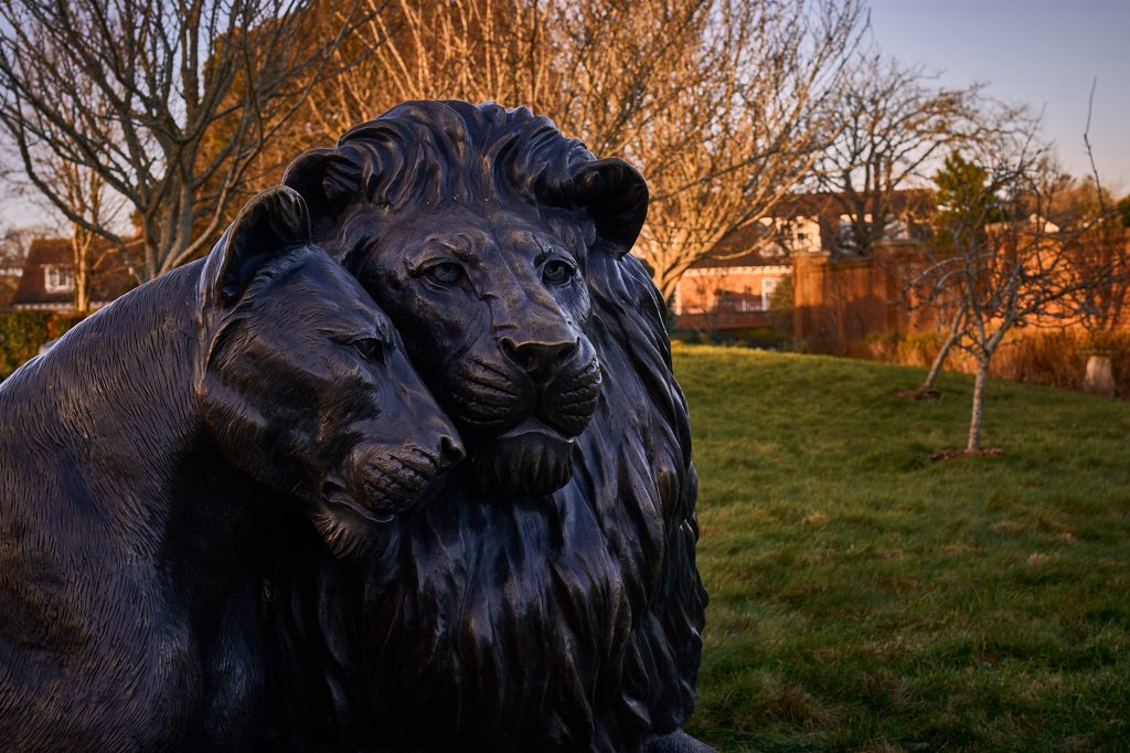 A large bronze lion statue in the foreground, with a country house hotel in the background