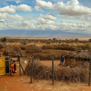 A gated enclosure called a boma, with a person stood at the gate