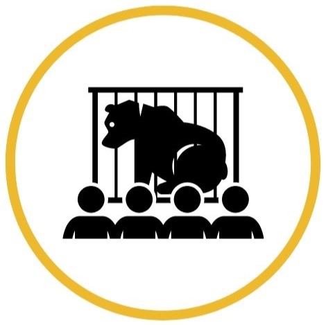 Icon of a bear in a cage in front of people in a yellow circle