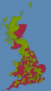 A map of the UK with different counties coloured red or green