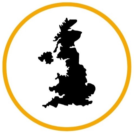 A black map of the UK in a yellow circle
