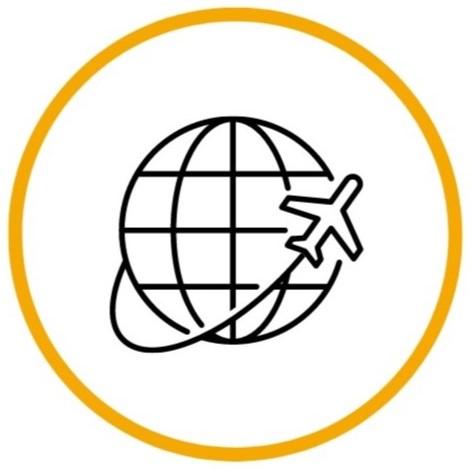 A globe with a plane icon in a yellow circle