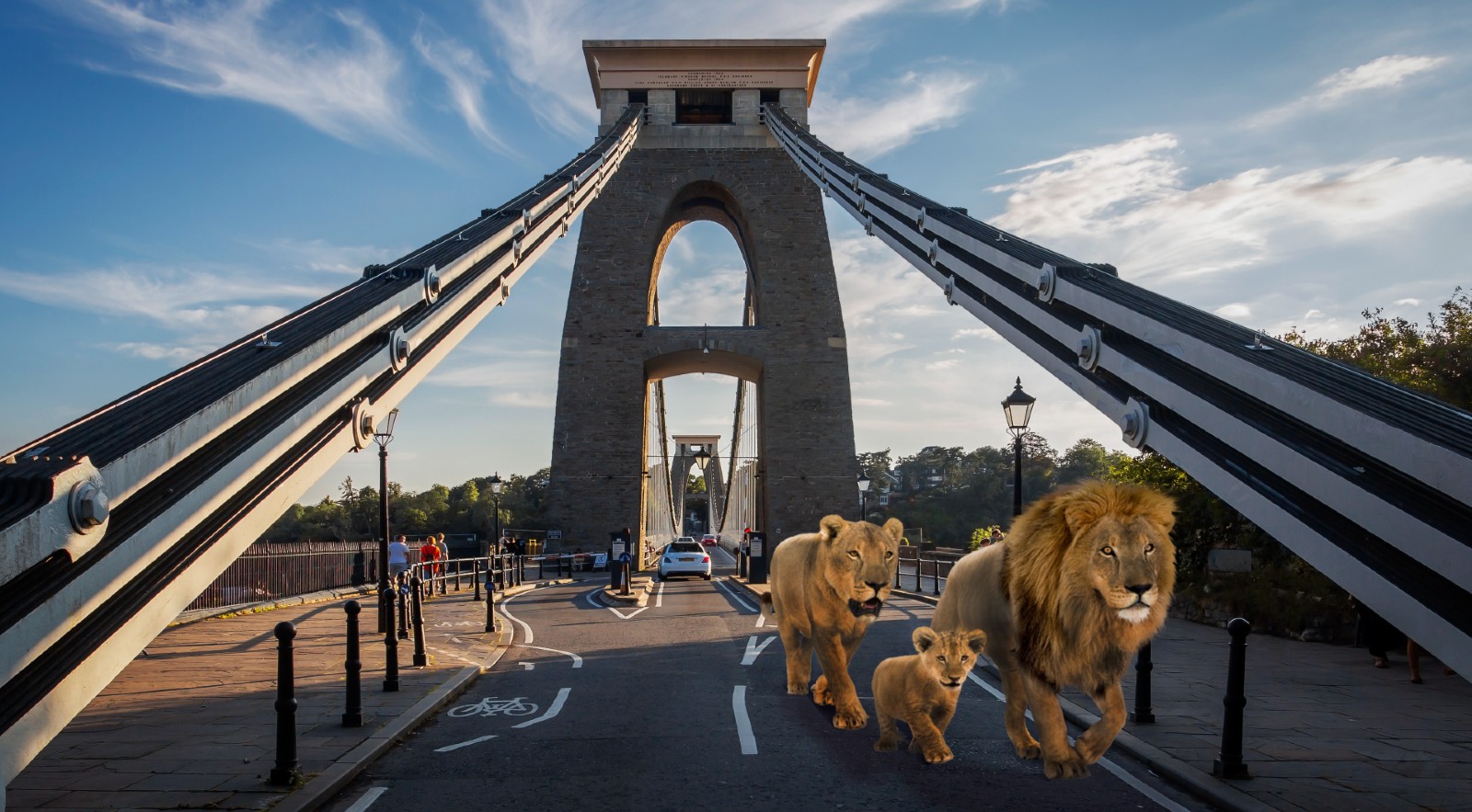 An image showing lions walking over Clifton Suspension Bridge