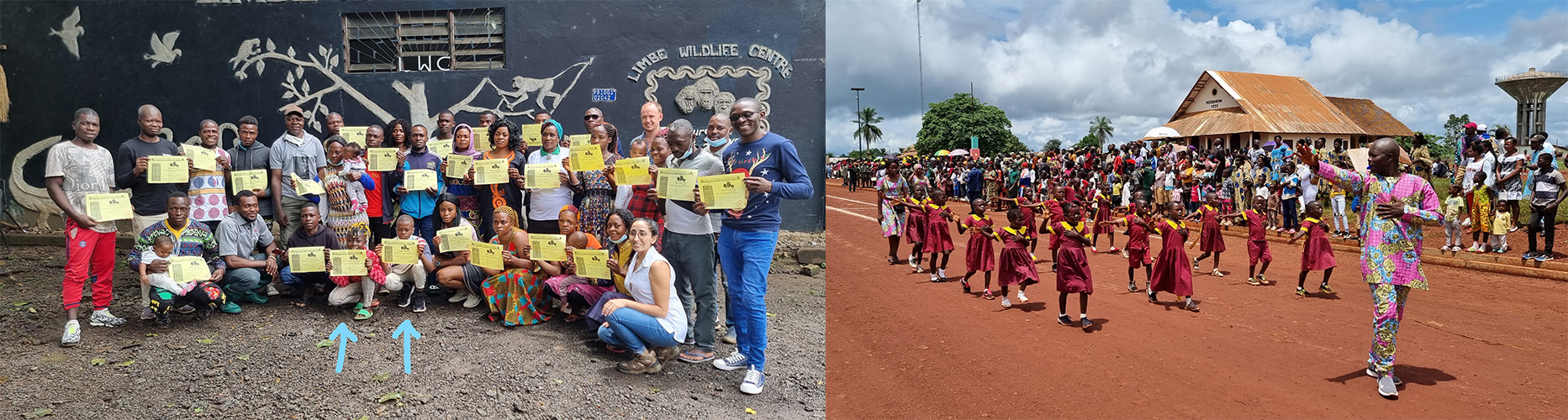 Two images side by side, showing community members at Limbe Wildlife Centre and a march past by pupils of EJMV