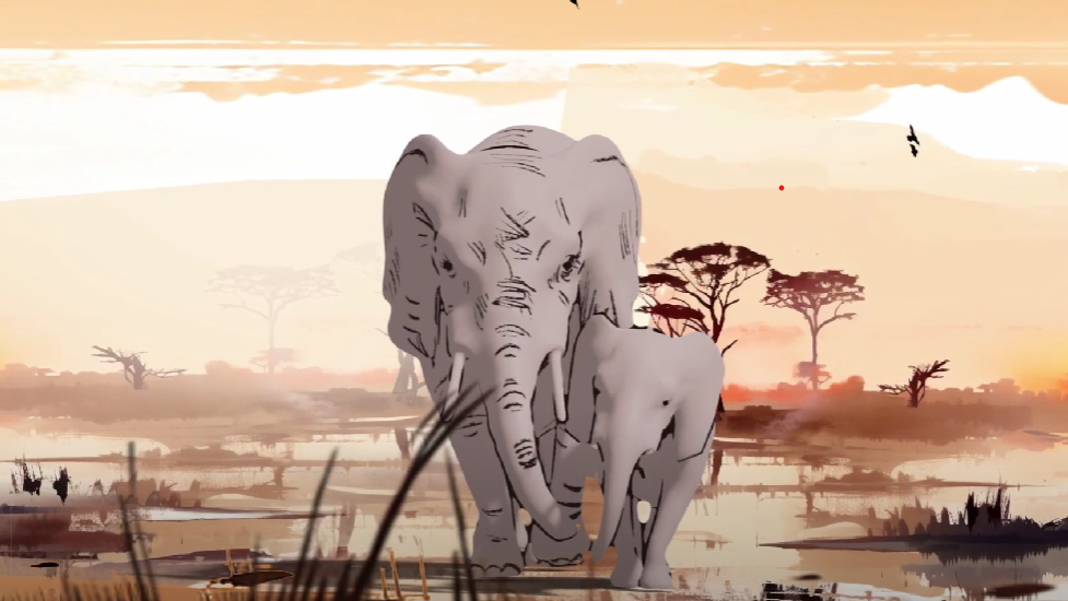 An animated image of a mother and baby elephant
