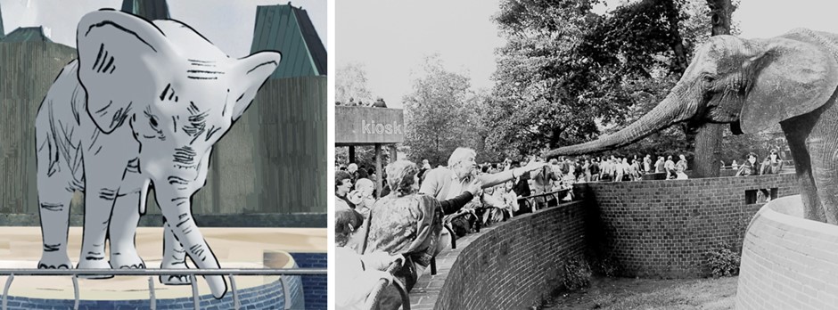A split image with an animated elephant on the left and black and white photo of Pole Pole the elephant at London Zoo on the right