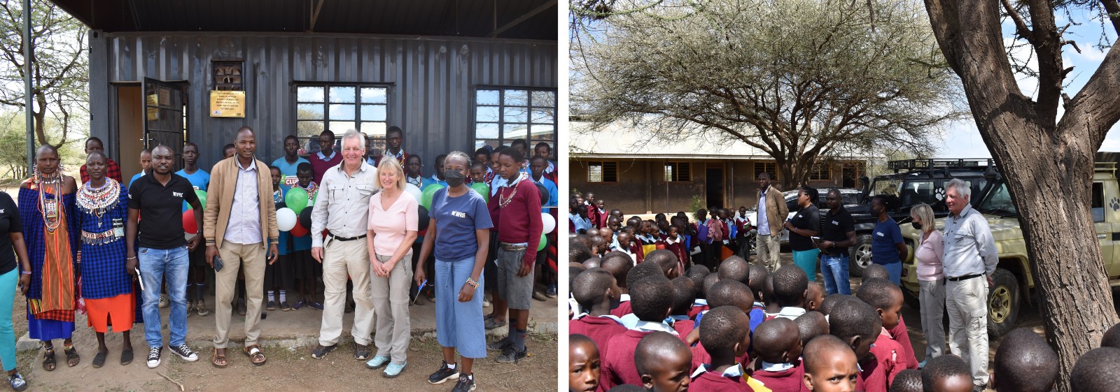 Two photos showing a school visit in Kenya