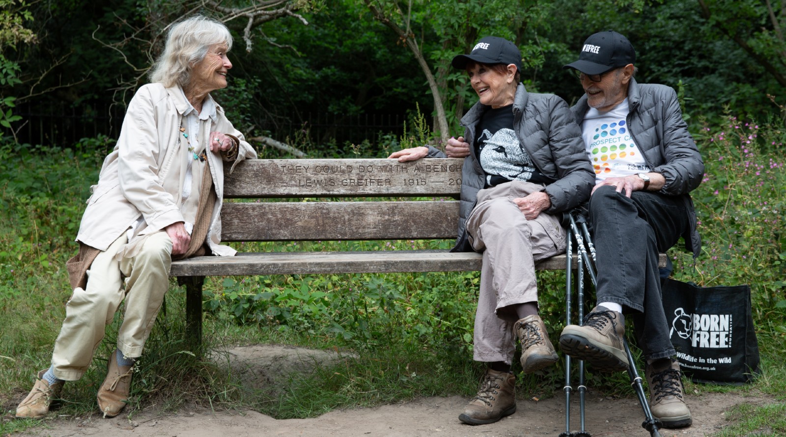 Virginia McKenna sat on a bench with Martin and Angela Humphery after one of their charity walks