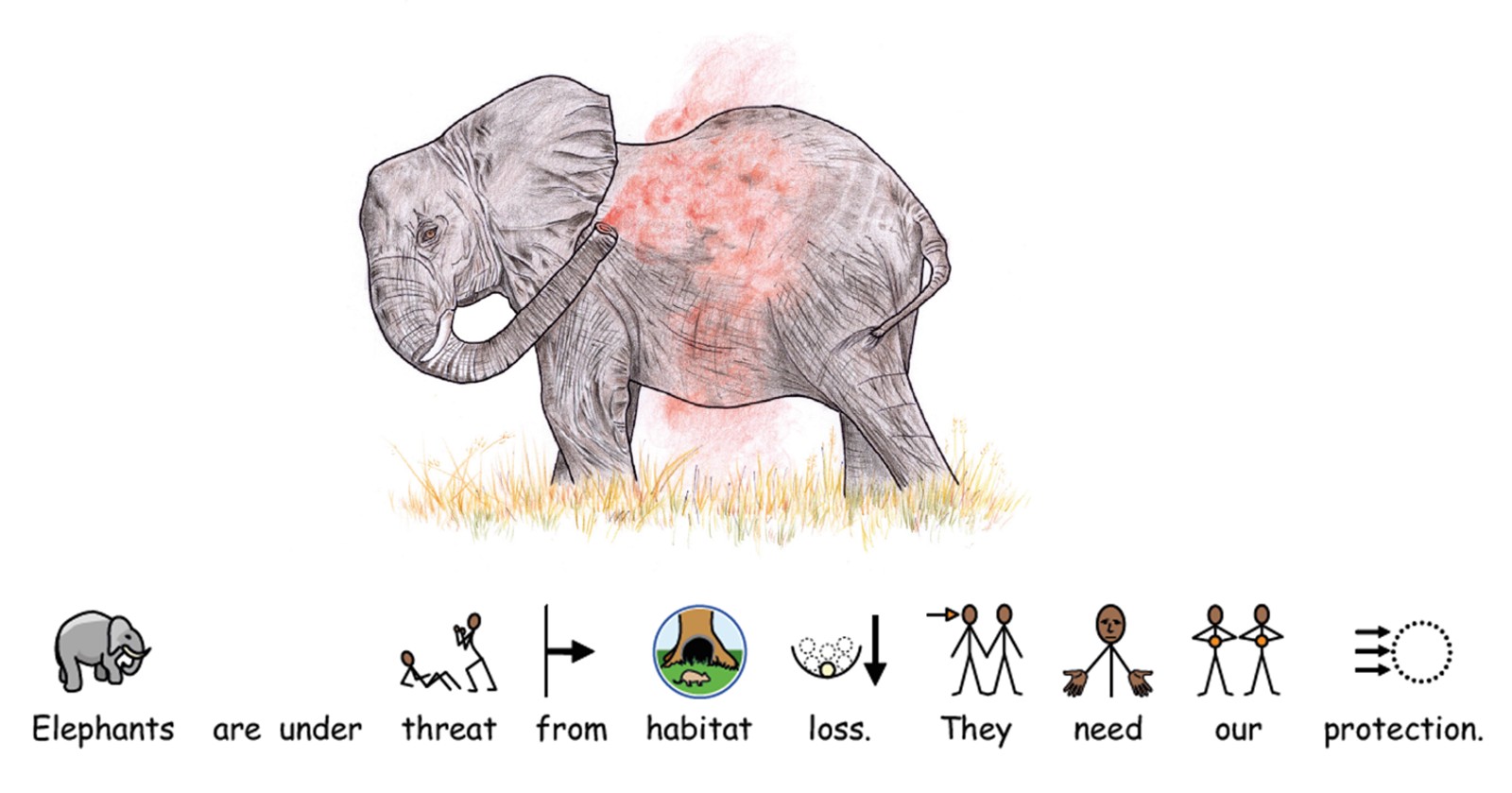 An illustration of an elephant taking a dust bath, with symbols explaining the image.