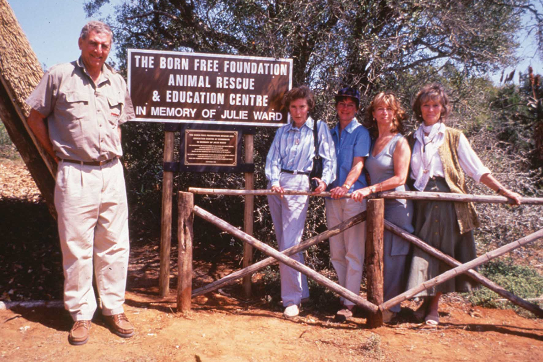 The opening of the Julie Ward Centre in 1999 (from L to R): Adrian Gardiner from Shamwari, Jan Ward, Julie’s friend Lucy Brewer, actor Helen Worth and Dame Virginia McKenna