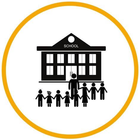 Black icon of a school and children in a yellow circle