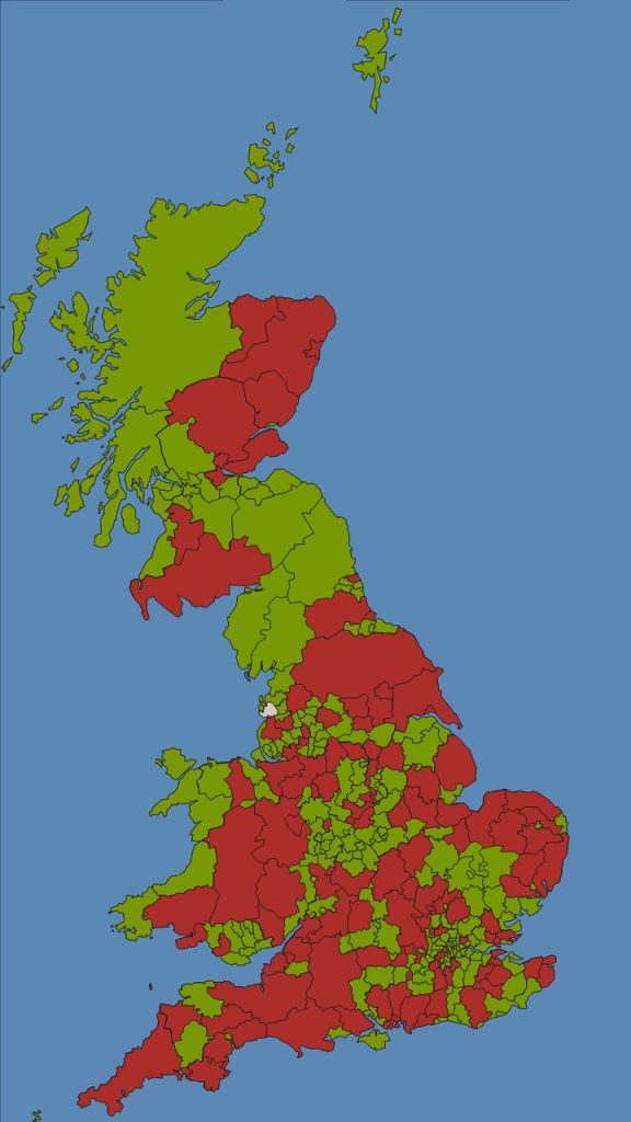 A map of Great Britain with counties coloured red or green