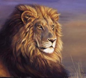 A painting of a majestic male lion looking back over his shoulder
