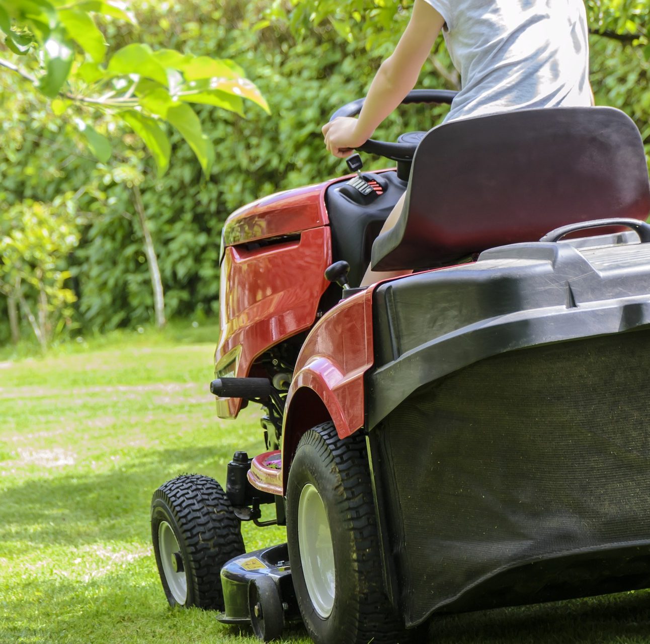 View of someone sat on a ride-on lawnmower facing away from the camera