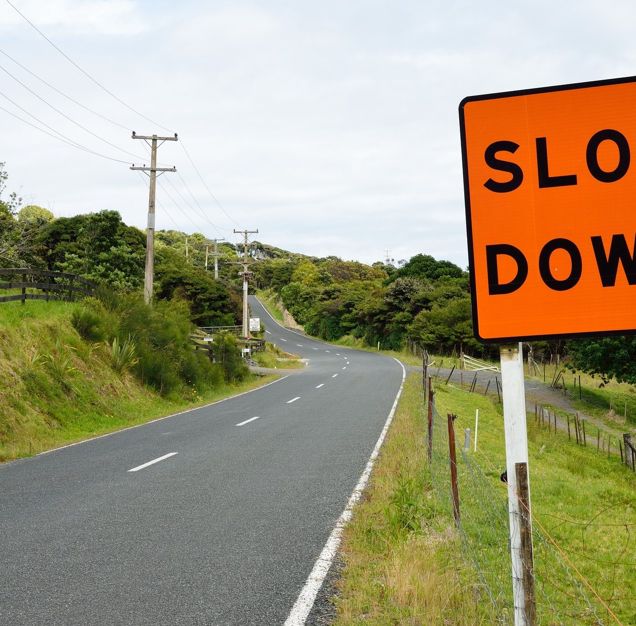 An orange 'slow down' road sign in the foreground and a winding road behind