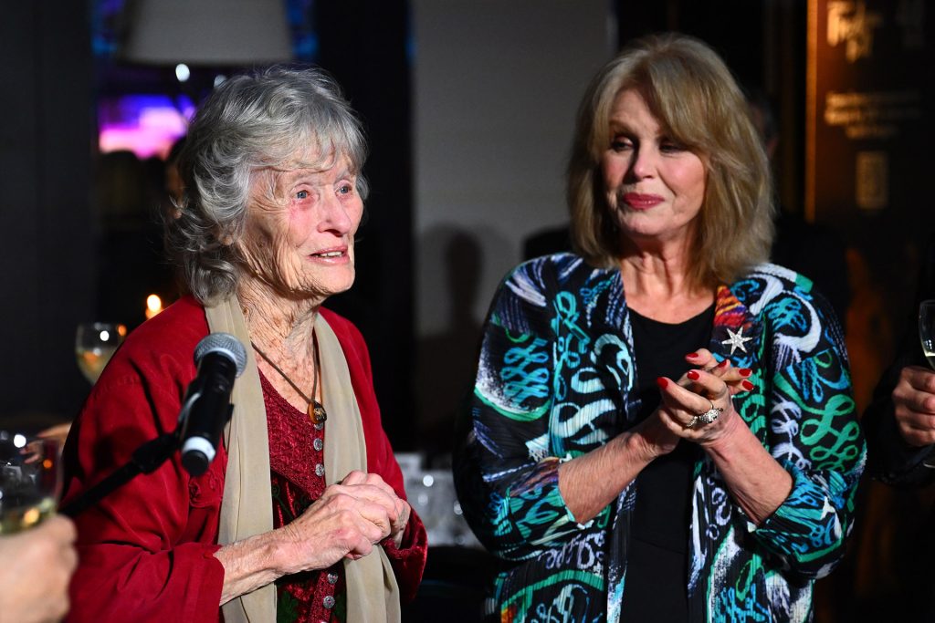 Dame Virginia McKenna giving an impassioned speech, with Born Free Patron Dame Joanna Lumley looking on