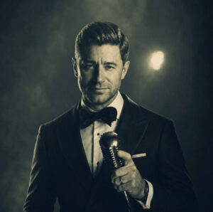 A singer with an old fashioned microphone