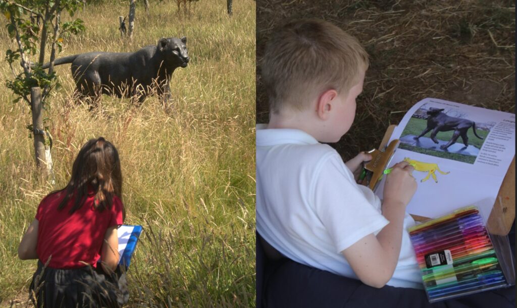 Two photos of children drawing pictures of Born Free's bronze lions