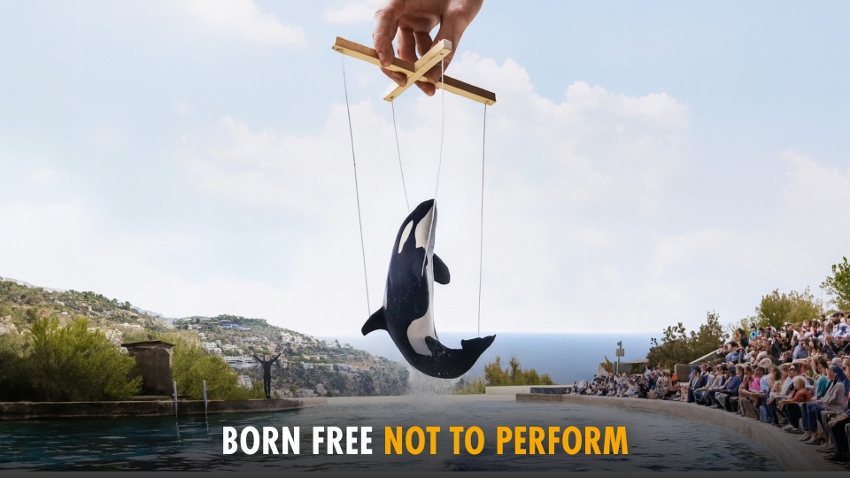 A digitally manipulated photo of an orca leaping out of a pool with a person's hand making it look like it's a puppet on strings