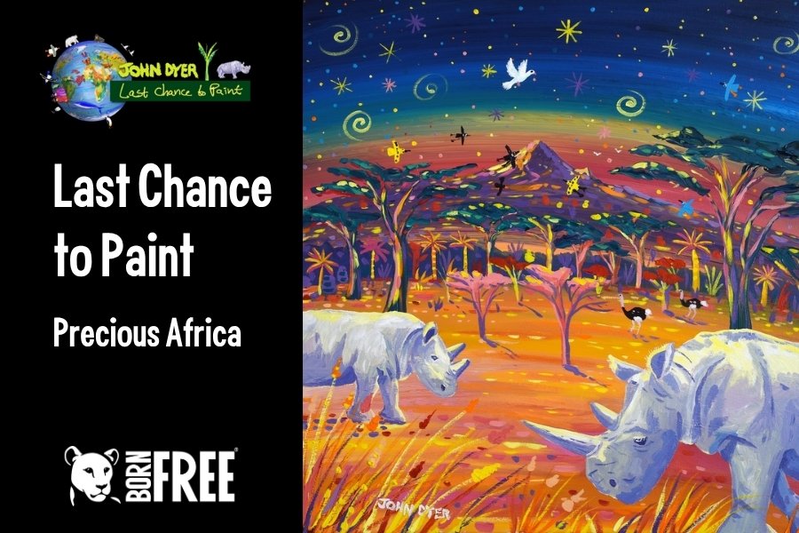 A brightly coloured painting with the text 'Last Chance to Paint: Precious Africa'