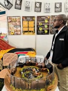 Dr David Manoa stands next to a model of a predator proof boma