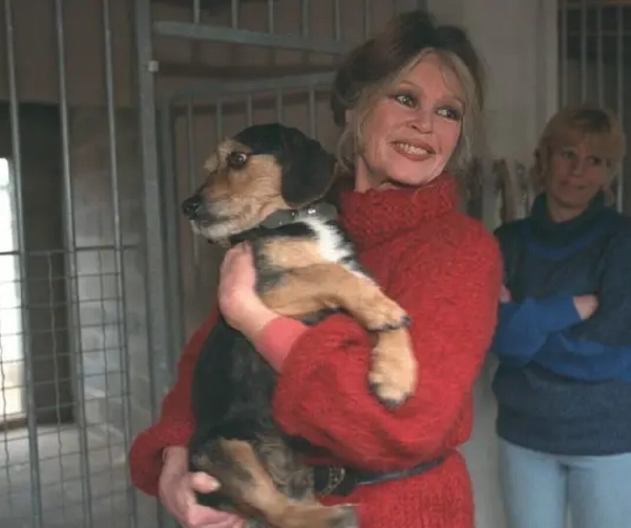 Brigitte Bardot holding a dog in a shelter