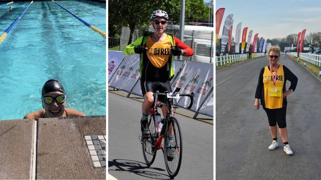 A montage of people taking on challenges for Born Free - swimming, cycling and running