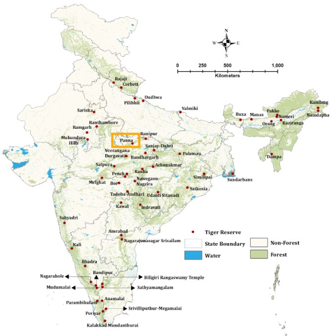 (c) NTCA Map showing locations of Tiger Reserves in India, with Panna Tiger Reserve highlighted 