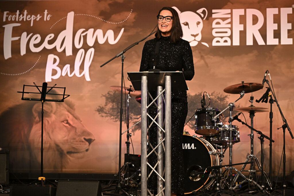 Kirsty Gallacher in a sparkling black dress on stage at the Footsteps to Freedom Ball