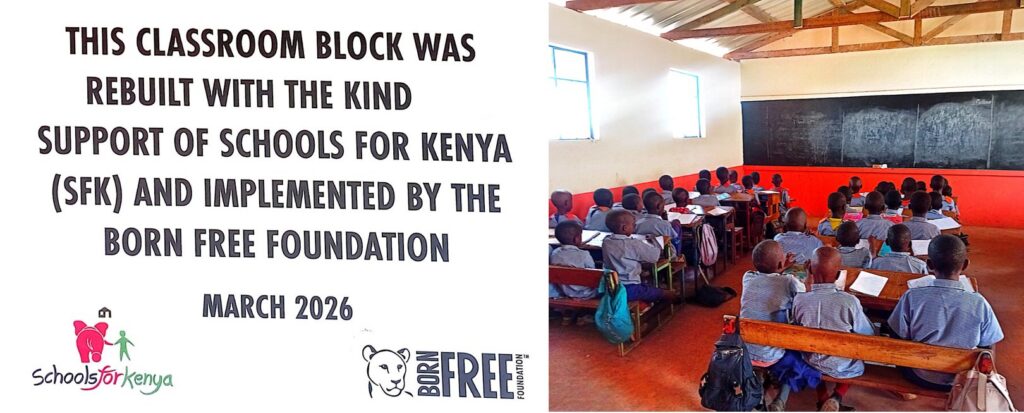 On the left is a plaque commemorating the rebuilt classroom and on the right is a photo of the classroom with children sitting at their desks wearing school uniforms