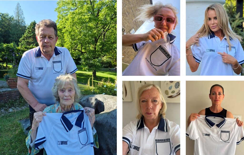 A montage of celebrities wearing their mock-up England football shirts