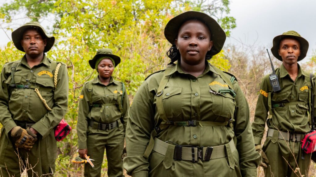 Photograph of four wildlife rangers standing in a dry, wooded area wearing green uniforms and hats, with some carrying radios and gloves. The group appears focused and ready, highlighting efforts in wildlife protection and conservation.
