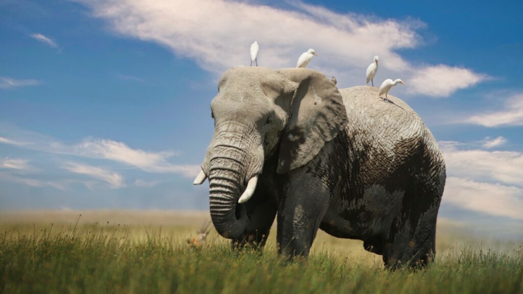 Photograph of an elephant standing in tall grass under a partly cloudy sky with four white birds perched on its back. The scene highlights the natural coexistence between large wildlife and smaller bird species in a savanna environment.