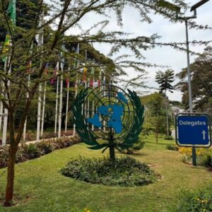 Photograph of an outdoor area featuring a large United Nations emblem sculpture surrounded by greenery and multiple flagpoles with various national flags. A blue sign labelled "Delegates" with an arrow points toward a pathway, indicating direction for event attendees.