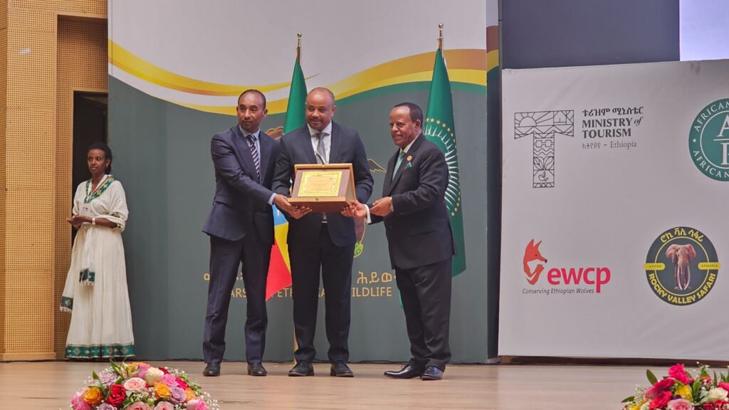 Three people on stage at an awards ceremony