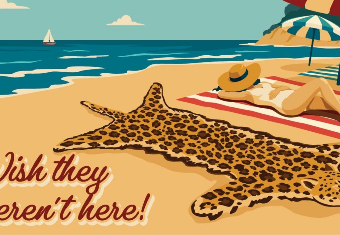 Wish they weren't here leopard skin postcard