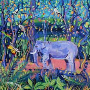 A colourful painting by John Dyer featuring an elephant in a forest