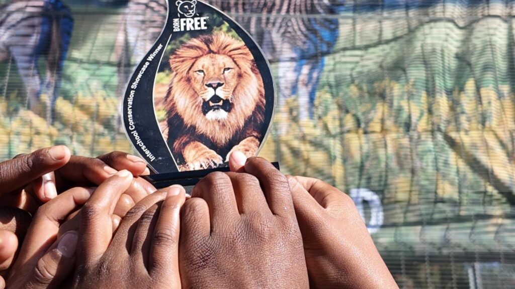 Photograph showing a group of people raising joined hands around a card featuring a lion and “BORN FREE” text, symbolizing community solidarity. A colourful mural behind them includes “Communities” lettering, animal artwork, and leafy outdoor surroundings.